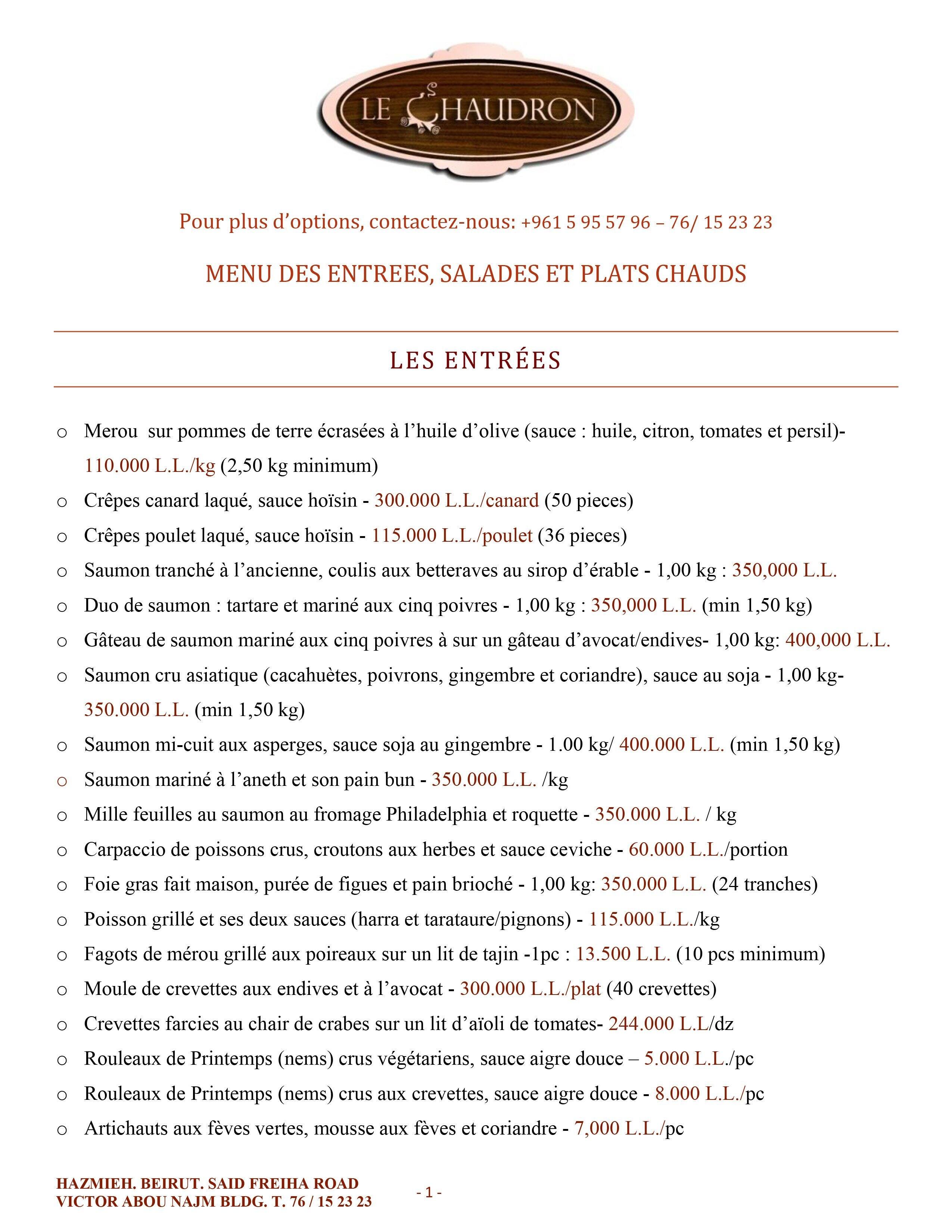 Le Chaudron menu