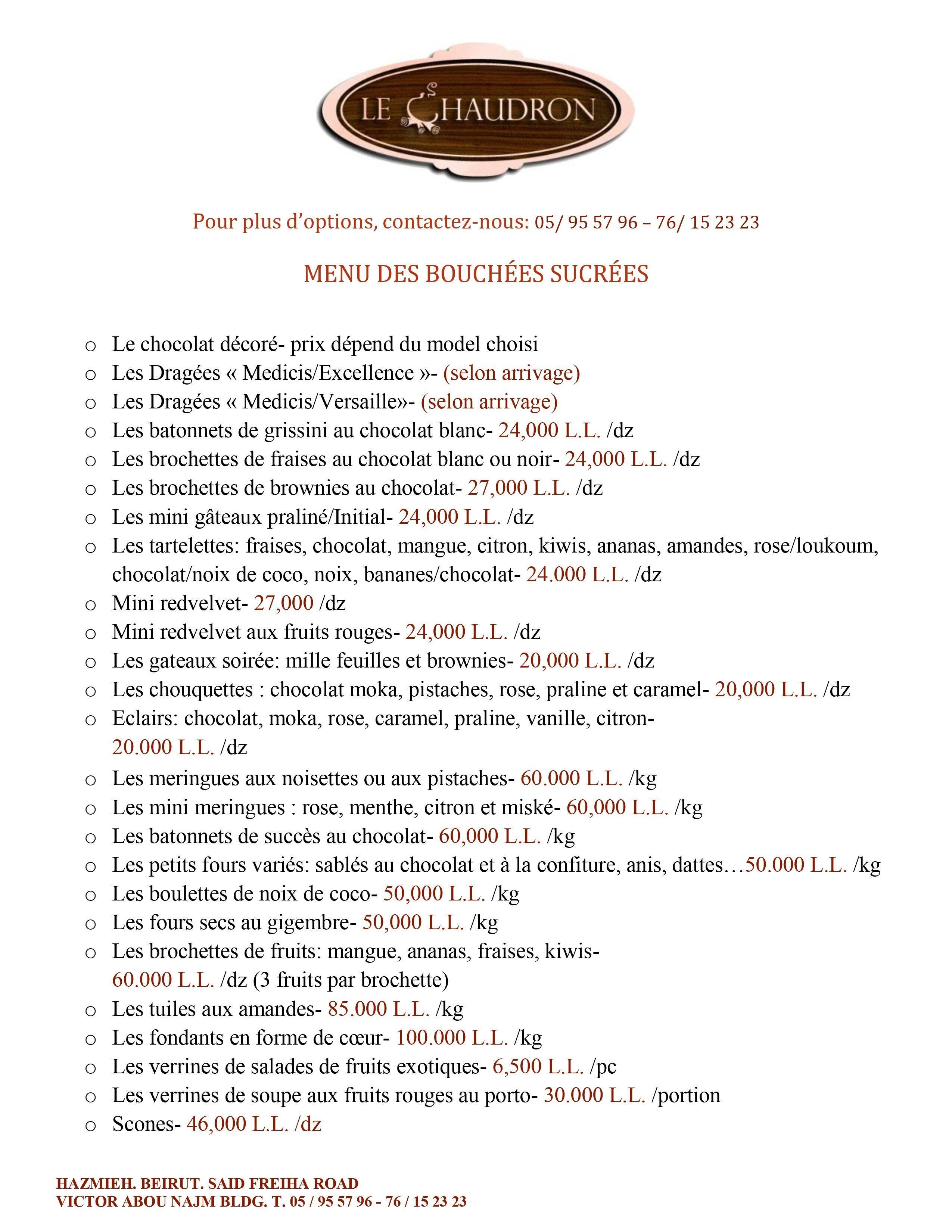 Le Chaudron menu