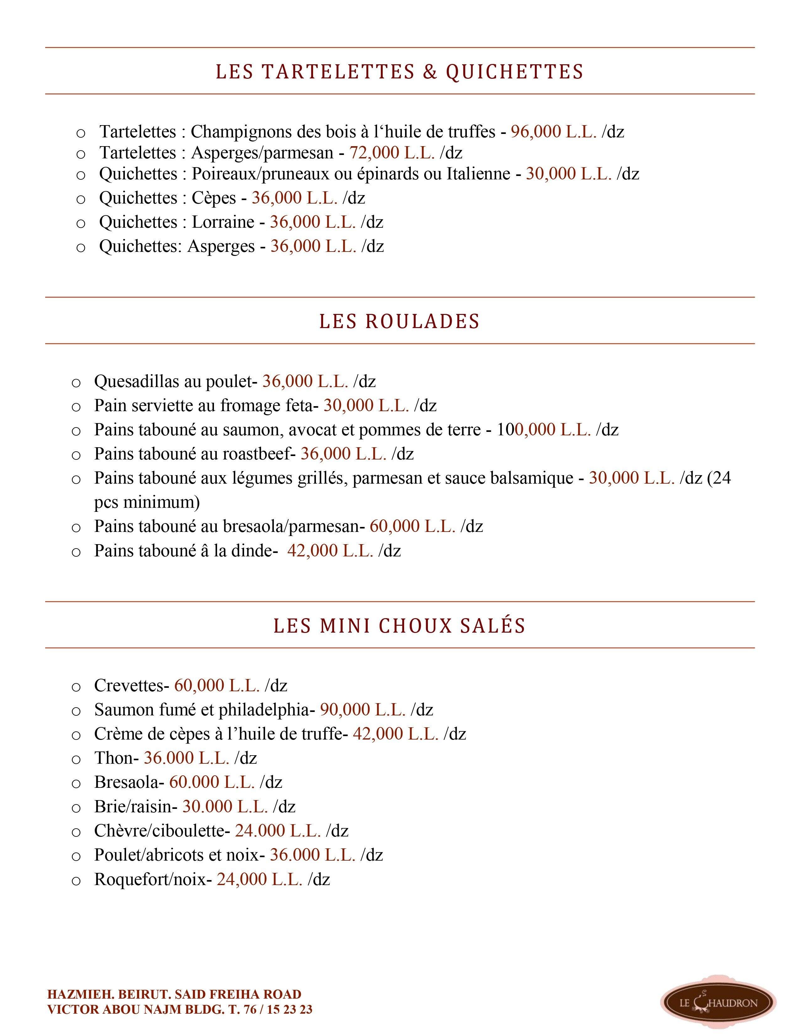Le Chaudron menu