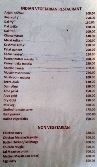 Anjani Hotel menu