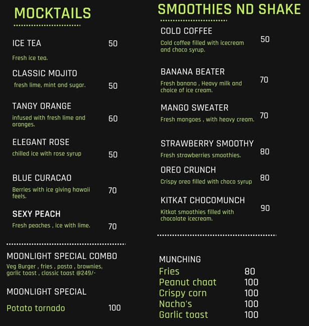 Menu of Moonlight Cafe, Sector 4, Gurgaon