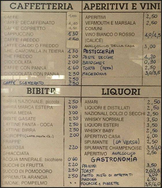 Menu di Caffè Tabacchi della Piazza 