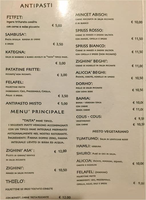 Menu at Africa Restaurant, Rome