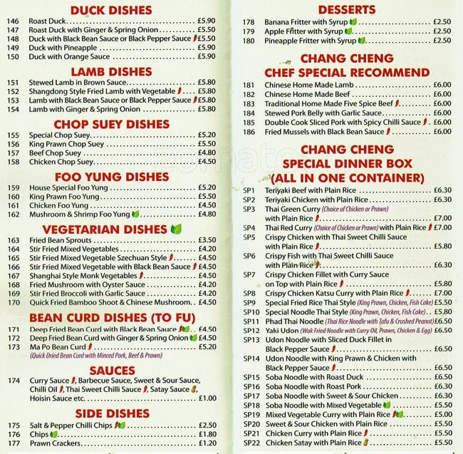 Menu at Chang Cheng restaurant, Croydon, 49 Waddon Rd