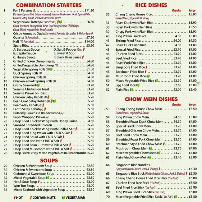 Menu at Chang Cheng restaurant, Croydon, 49 Waddon Rd