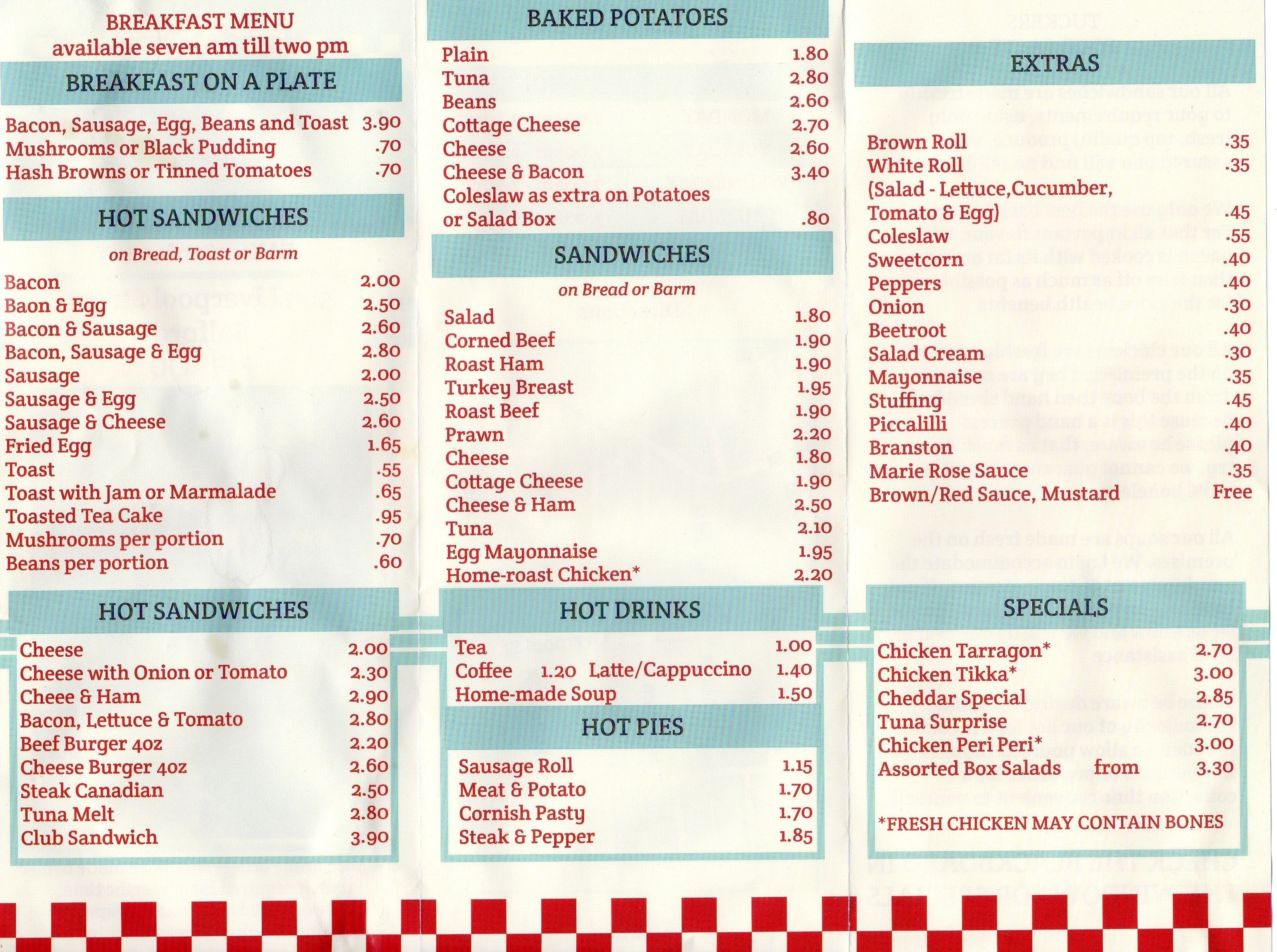 Tuckers sandwich bar menu