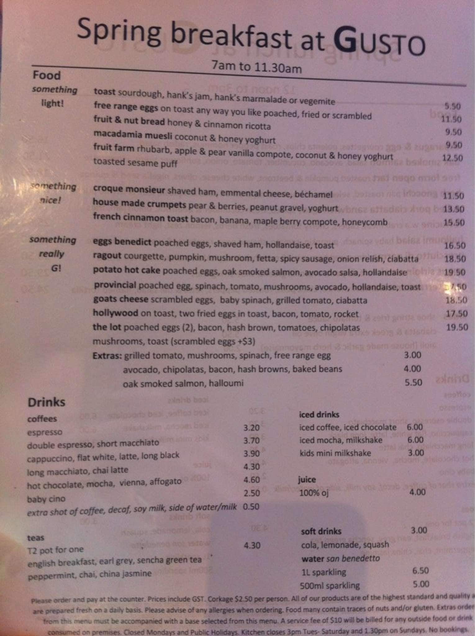 Menu at Gusto Food restaurant, South Perth