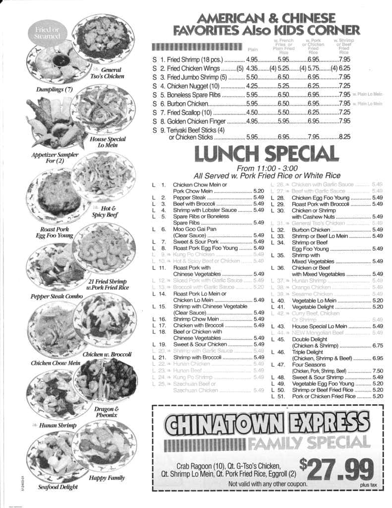 Menu at Chinatown Express restaurant, Dundalk