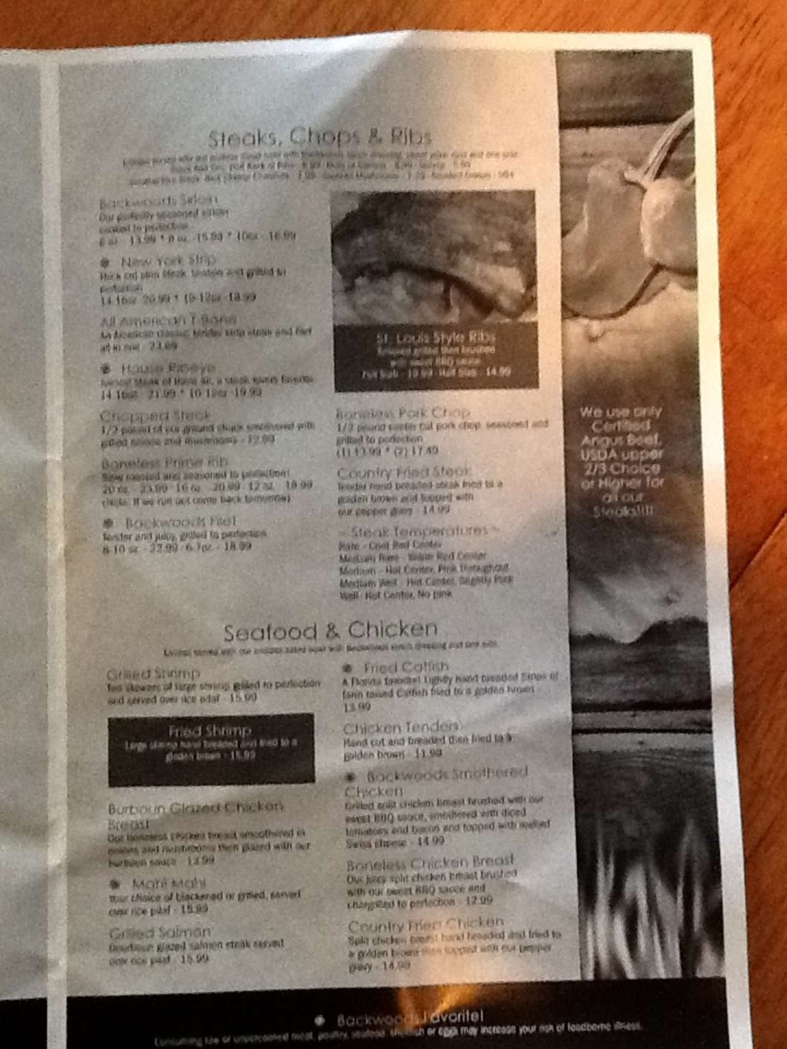 Backwoods Rambling Menu Menu at Backwoods Steak House steakhouse, Cocoa Beach