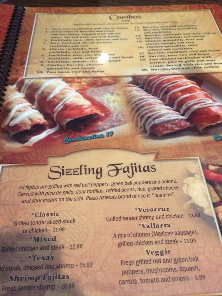 Menu at Plaza Azteca restaurant, Kill Devil Hills, S Croatan Hwy