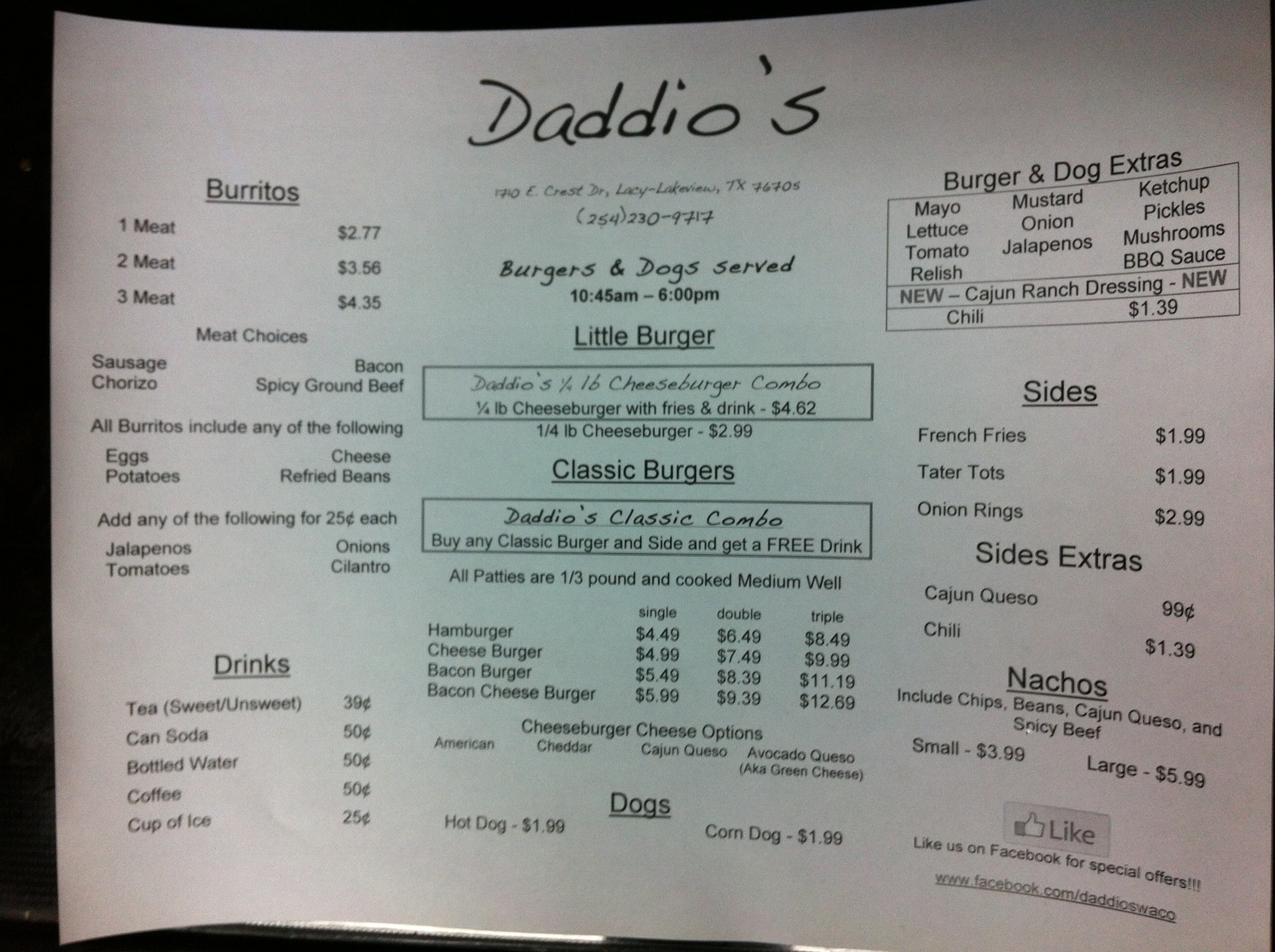 Daddio's Burgers & Breakfast Burritos Menu Urbanspoon/Zomato