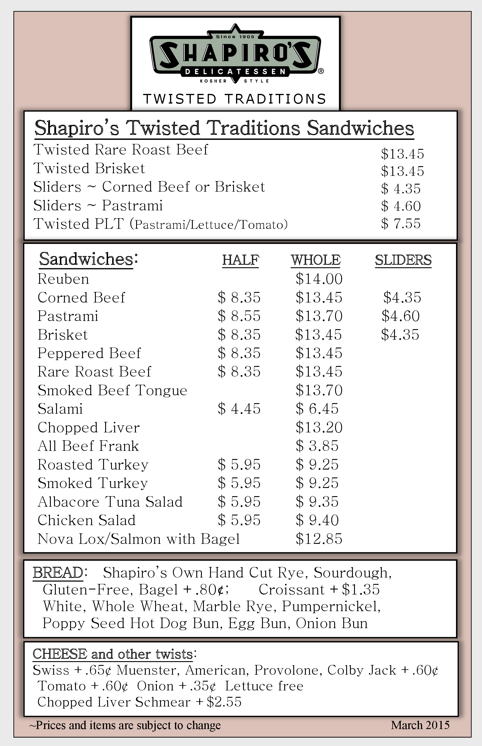 Menu at Shapiro's Delicatessen restaurant, Indianapolis, Keystone Xing