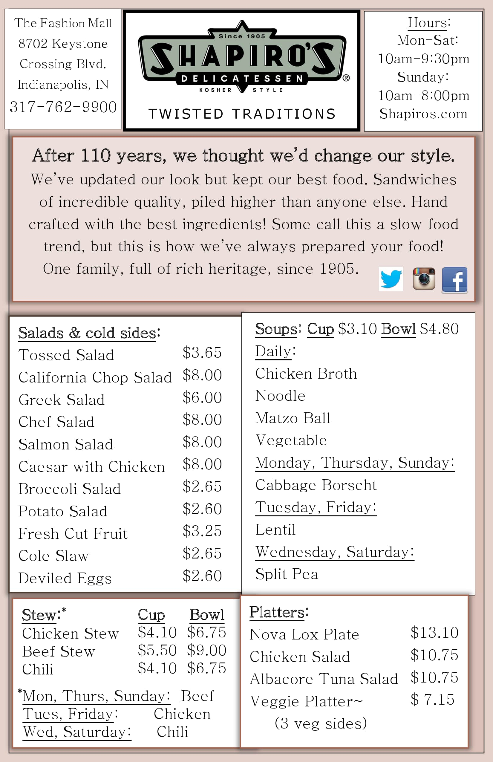 Shapiro's Delicatessen Menu - Urbanspoon/Zomato