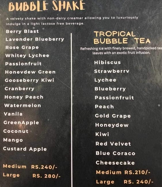 Menu of Bubble Recap, Kukatpally, Hyderabad