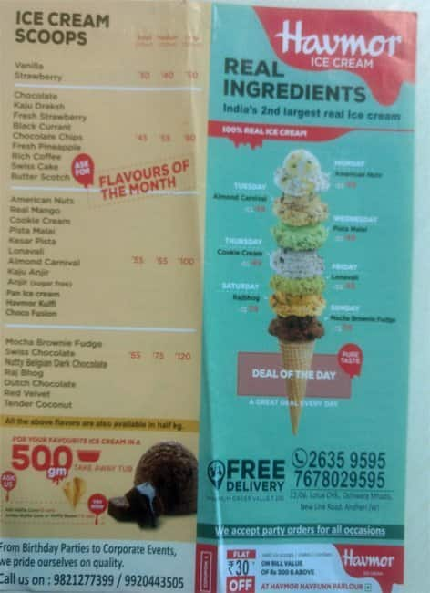 Havmor Ice Cream Menu, Menu For Havmor Ice Cream, Prabhadevi, Mumbai ...