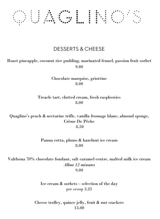 Menu at Quaglino's restaurant, London