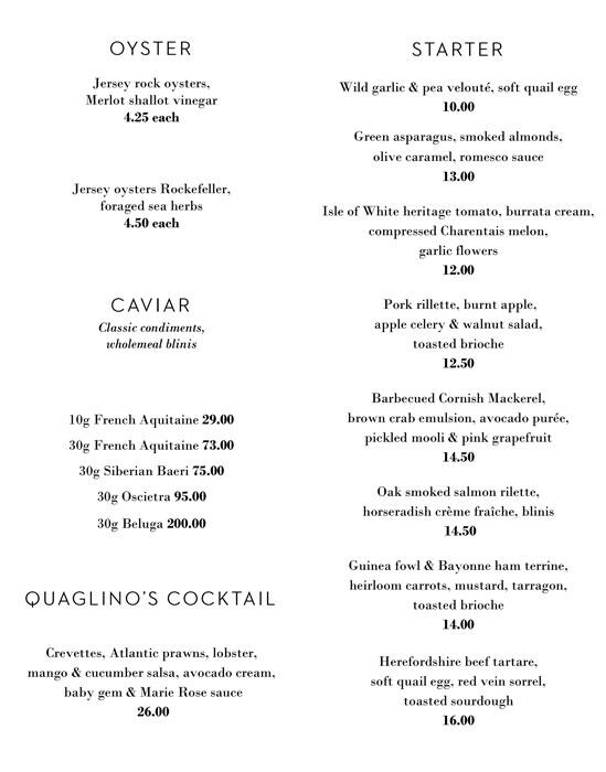 Menu at Quaglino's restaurant, London