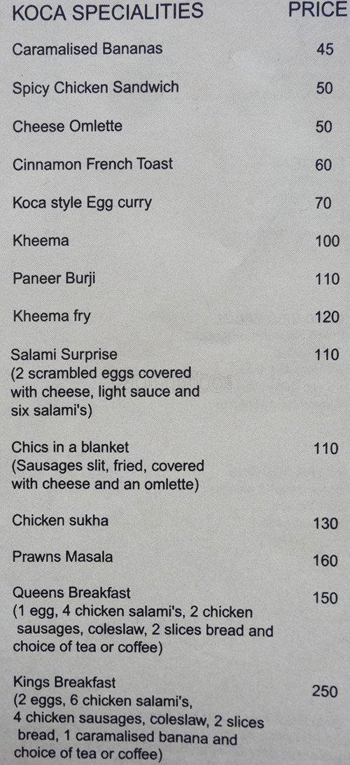 Koca Cafe menu