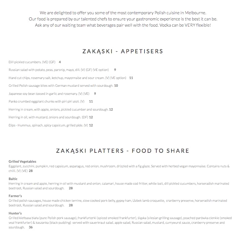 Menu at After The Tears Vodka Bar, Elsternwick