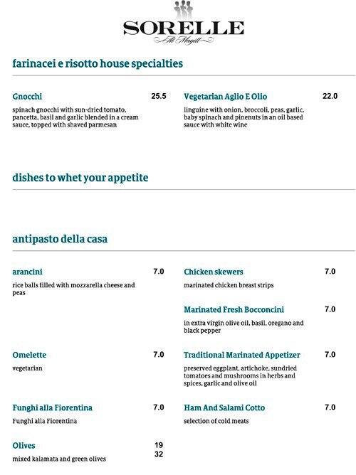 Sorelle Restaurant Menu, Menu for Sorelle Restaurant, Magill, Adelaide