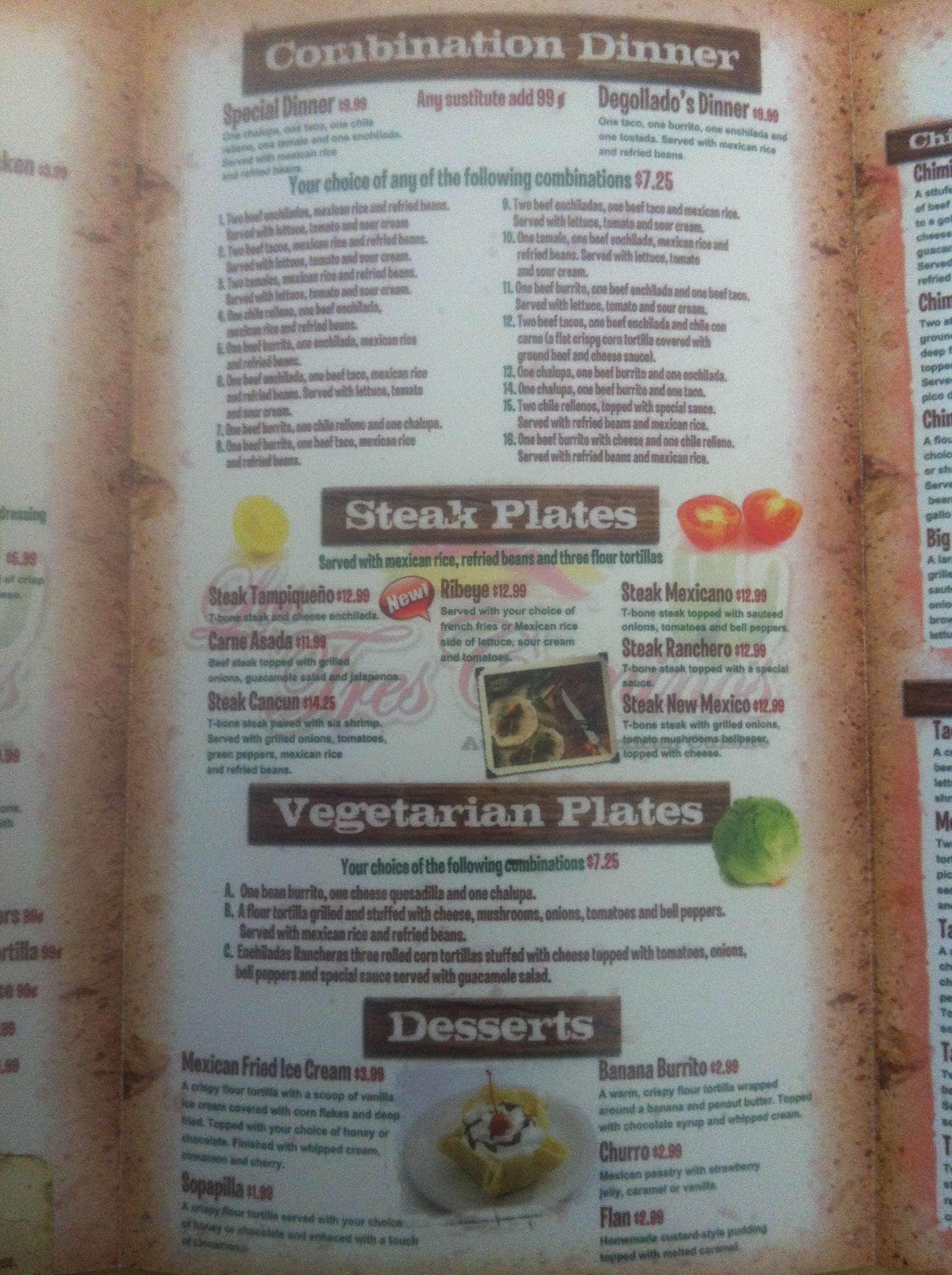 Menu at Los Tres Caminos restaurant, Evansville