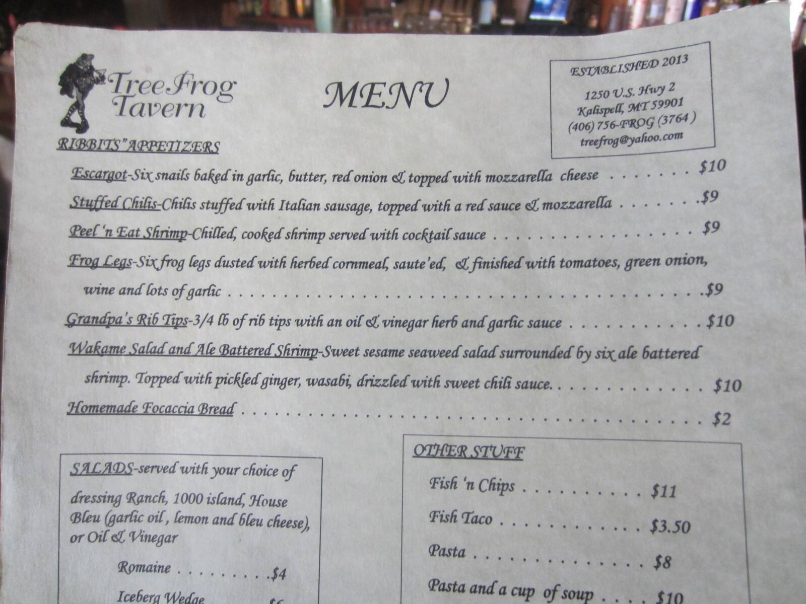 Tree Frog Tavern Menu, Menu for Tree Frog Tavern, Kalispell, Kalispell