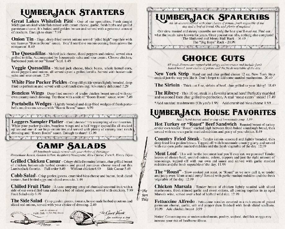 Menu at Lumber Jack Food & Spirits pub & bar, West Branch
