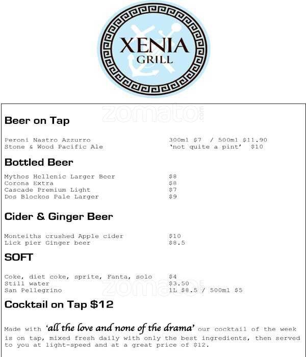 Menu at Xenia pub & bar, Coolangatta