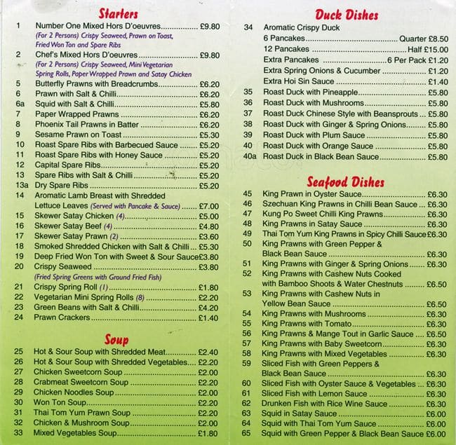 Menu at Number One restaurant, South Croydon, Selsdon Park Rd