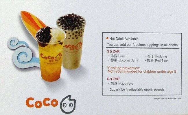Menu bij Coco café, Rodepoort, Upper Level