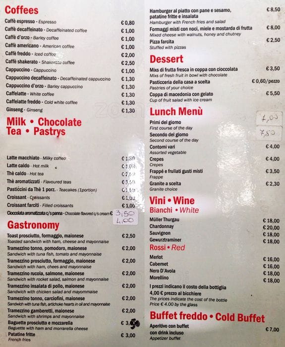 Menu de Bar Mezzaluna Roma