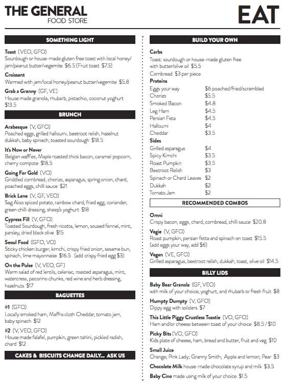 The General Food Store Menu, Menu for The General Food Store, Emerald ...