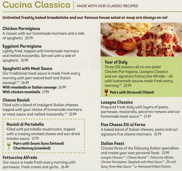 Menu at Olive Garden restaurant, Langley Township, Langley Bypass