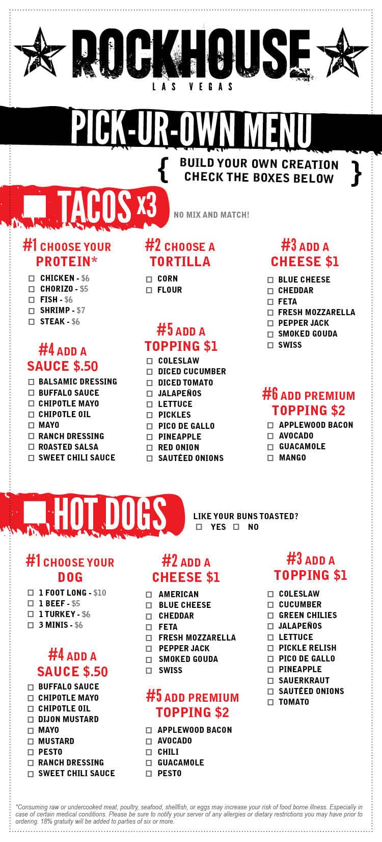 Menu at Rockhouse pub & bar, Las Vegas, S Las Vegas Blvd