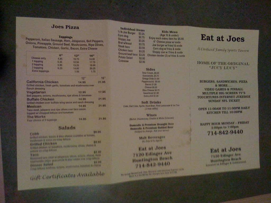 Eat at Joe's Menu, Menu for Eat at Joe's, Huntington Beach, Orange
