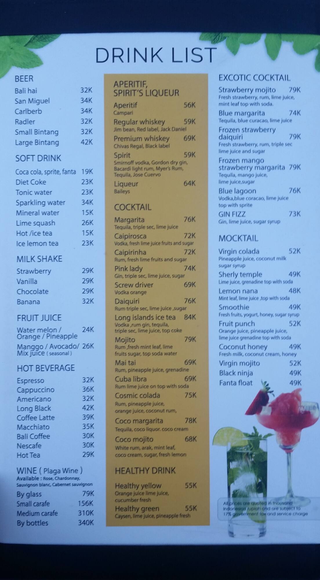 Menu at Coconut Restaurant, Jimbaran