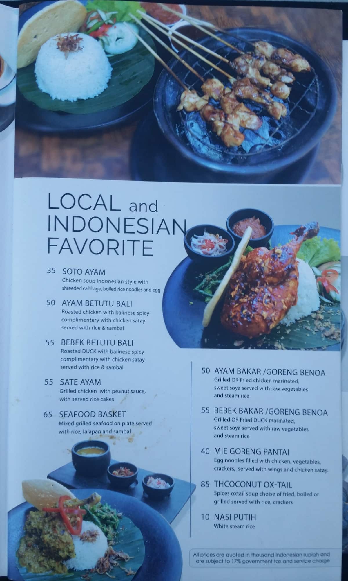 Menu at Coconut Restaurant, Jimbaran