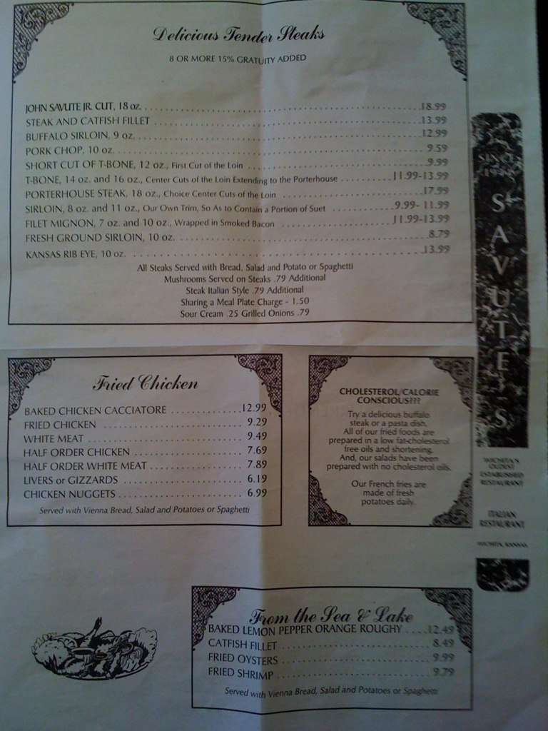 Menu at Savute's Italian Ristorante restaurant, Wichita