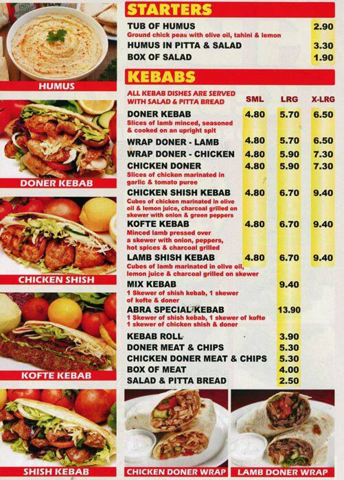 Menu at Abra Kebab fast food, Croydon