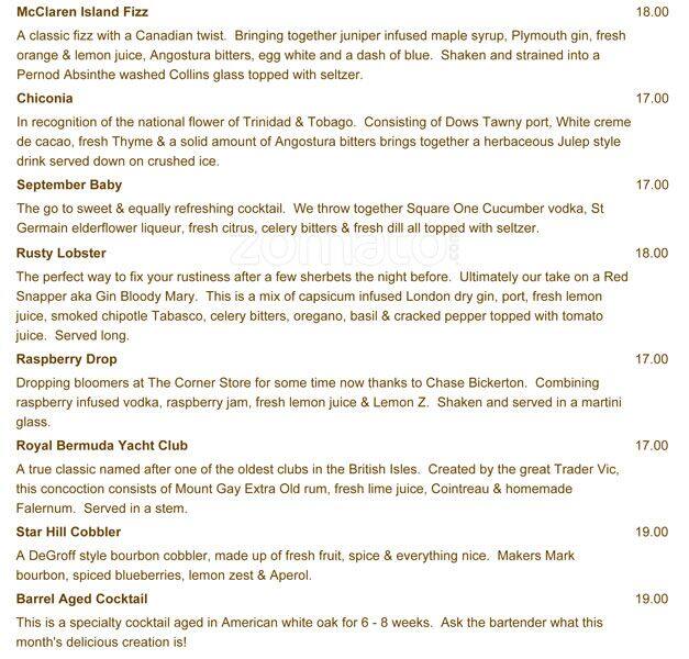 The Corner Store menu