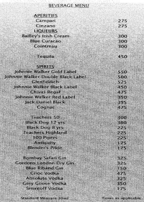 Menu at Mustang Bar, Hyderabad