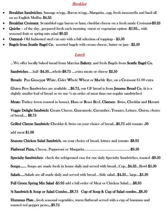 Seasons Bakery and Cafe Menu, Menu for Seasons Bakery and Cafe, Ballard