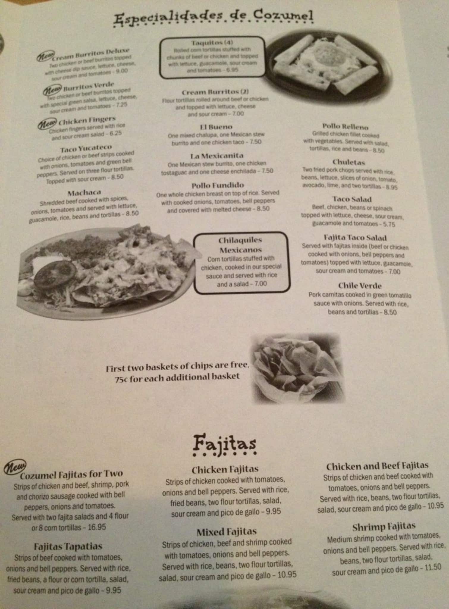 Menu at Cozumel restaurant, Statesville