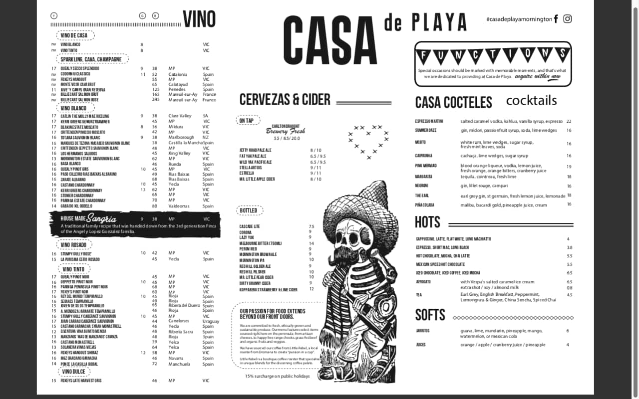 Menu at Casa de playa restaurant, Mornington