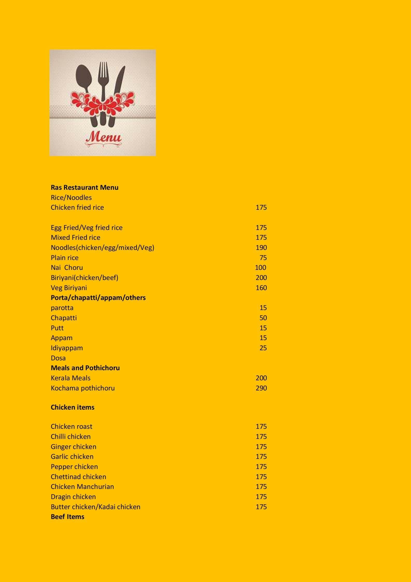 Menu of Ras Foods, Panampilly Nagar, Kochi