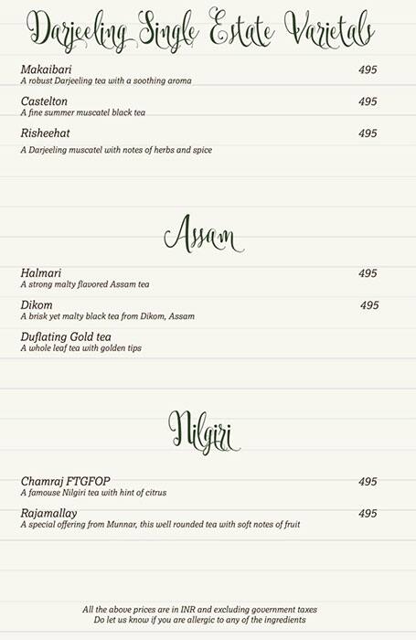 Tea Lounge menu
