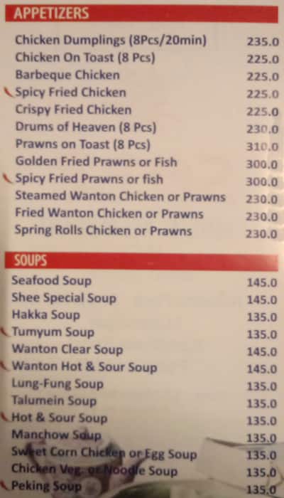 Shee Chinese Fast Food Restaurant menu
