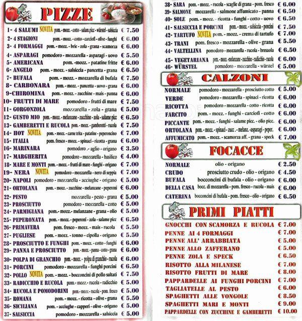 Menu de Ristorante Pizzeria Sunrise