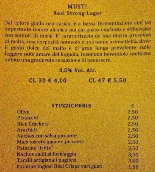 Menu at Saxophone pub & bar, Rome