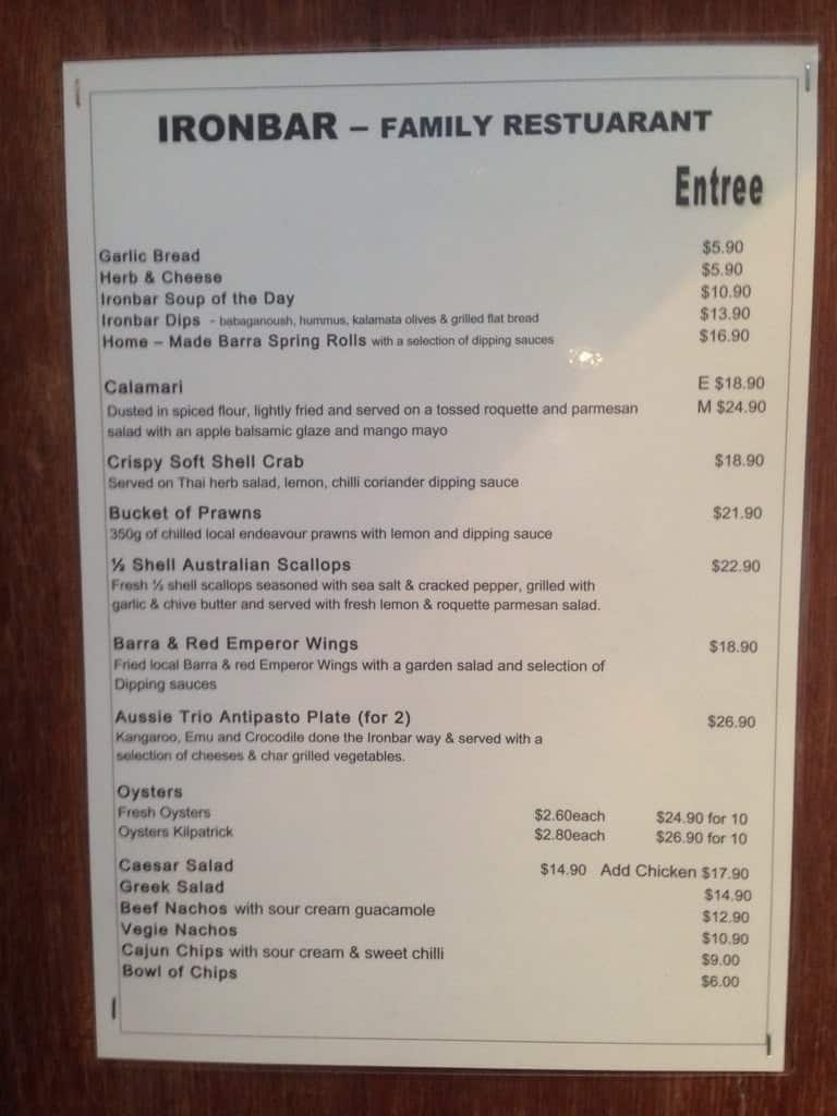 Iron Bar Restaurant Menu, Menu for Iron Bar Restaurant, Port Douglas